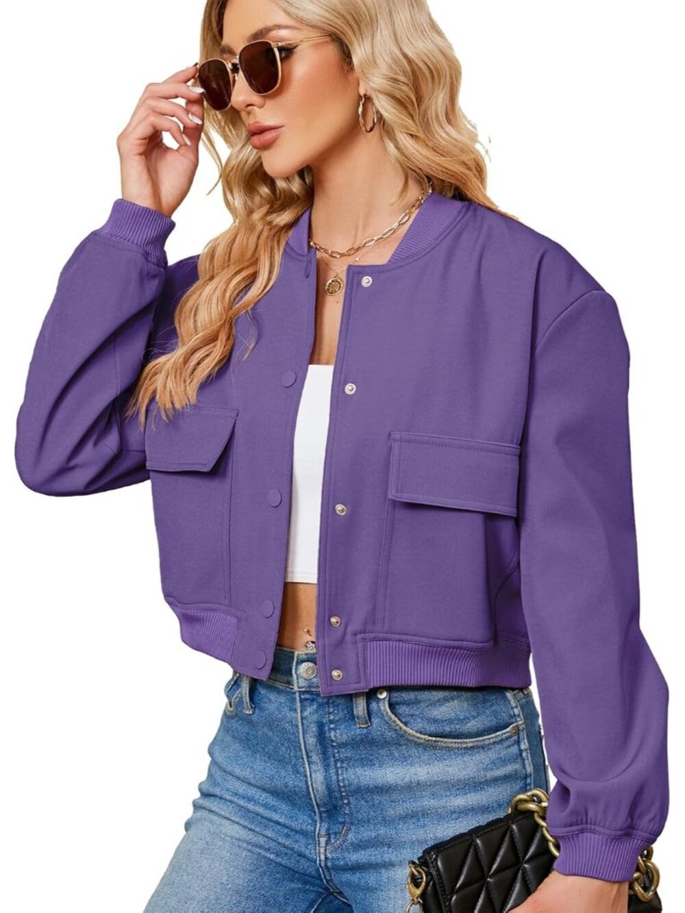 Women's Purple Stylish Short Trendy Casual Lightweight Side Pocket Bomber Jacket
